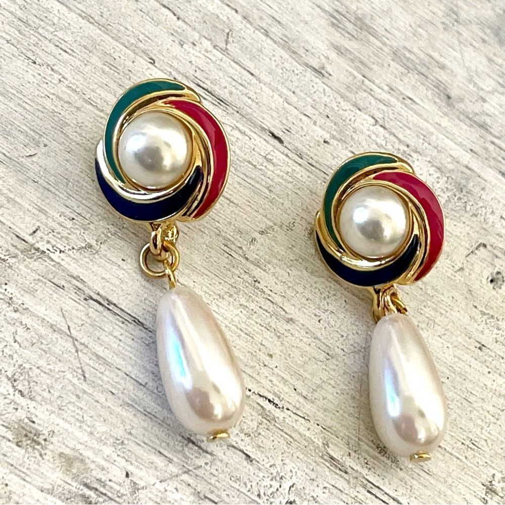 Gold tone colorful faux Pearl drop earrings